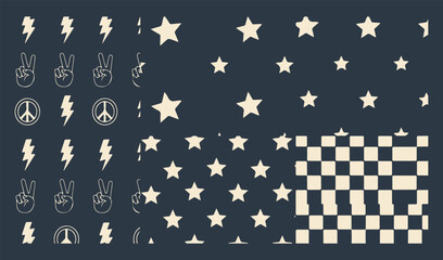 Fototapeta premium A versatile set of seamless beige and dark blue patterns featuring star motifs, a classic checkerboard design, and graphic symbols including lightning bolts, peace signs, and victory hand gestures.