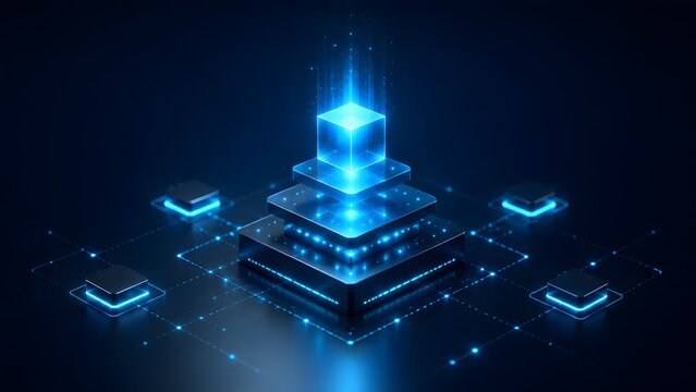 Digital blockchain data structure visualizes glowing blue cybernetic server core processing advanced technological matrix connections
