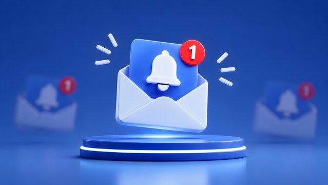 Email marketing newsletter notification shows 3d open envelope with alert bell icon and red badge floating over blue podium