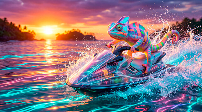 A colorful neon chameleon rides a modern transparent jet ski on splashing ocean waves against a vibrant tropical sunset sky. summer adventure, creative fantasy art, exotic vacation concept.