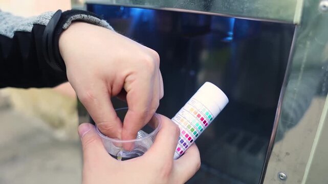 Man checking water quality at a public vending machine using a test strip. Analysis of purified drinking water in a plastic cup. Safety, pH, and hardness control of urban water supply.