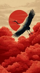 Obraz premium Elegant Oriental Crane Soaring Across Red Sky and Decorative Cloudscape