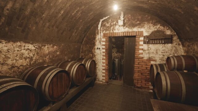 Traditional underground wine cellar with oak barrels