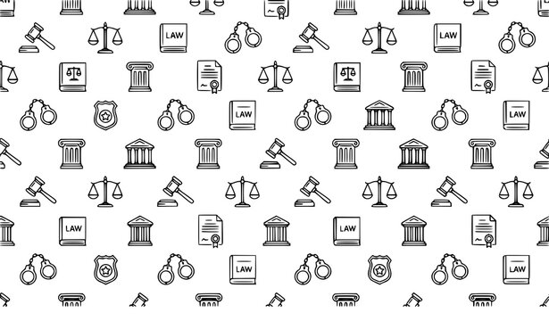Law and justice seamless pattern with linear legal icons and thin stroke court symbols vector illustration
