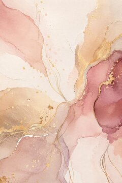 Abstract watercolor painting with gold accents in shades of pink, cream, and rose