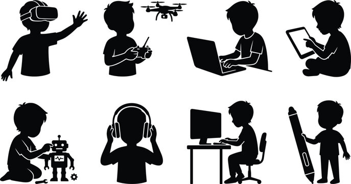 Children using technology vector silhouette icon set featuring VR headset laptop tablet drone and robot toys