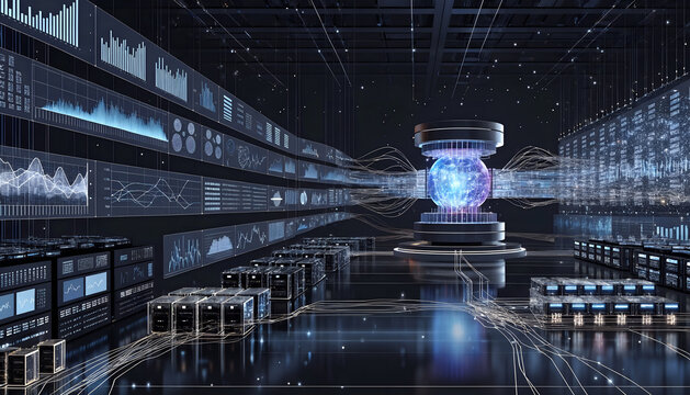 Futuristic data center with glowing core and digital screens showing analytics during digital transformation
