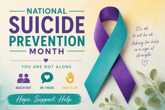 National Suicide Prevention Month graphic with teal and purple ribbon and supportive message