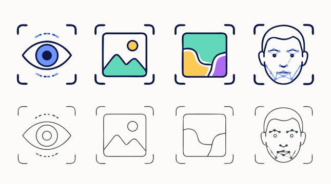Computer vision and image recognition rounded line icon set with eye scanning, picture detection, semantic segmentation and facial landmark tracking vector graphics for AI interfaces