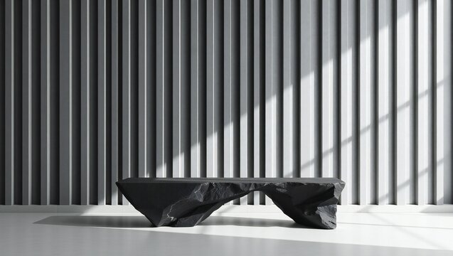 Black stone bench against a modern slatted wood wall