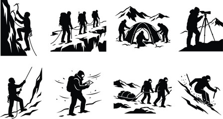 Mountain climbing and arctic expedition silhouettes set featuring mountaineers, explorers, ice climbing, and winter camping © MdTuhin