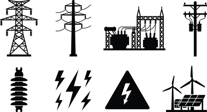 Electrical Power Grid and Renewable Energy Vector Icon Set with Transmission and Utility Symbols