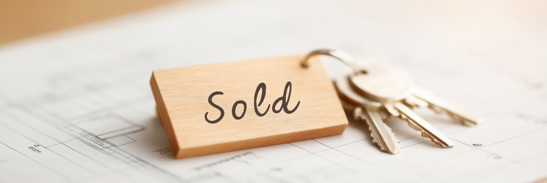 Wooden keychain with the word 'Sold' attached to set of house key, on architectural blueprint for new home or property purchase transaction