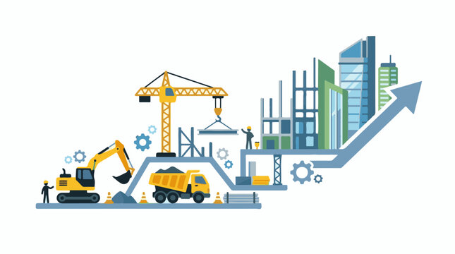 Construction site with machinery workers and rising city skyline