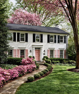 Elegant Pink Colonial Style House with Spring Garden AI Generative