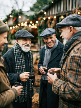 Seniors Enjoying Mulled Wine at Christmas Market - Generative AI - no real persons