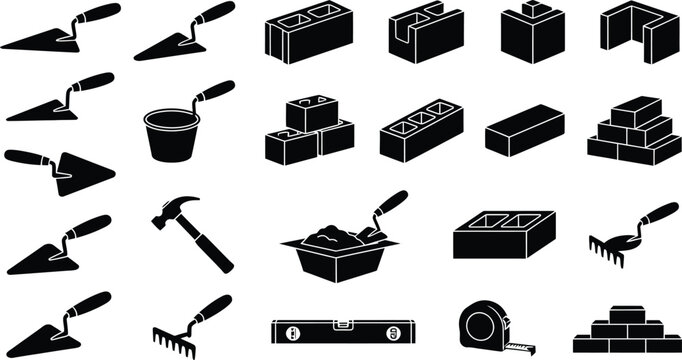 Professional bricklayer trowels and concrete block masonry construction tools vector illustration set on white.