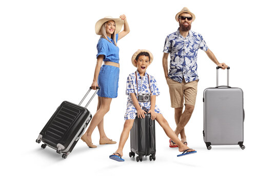 Family going on a summer vacation with suitcases
