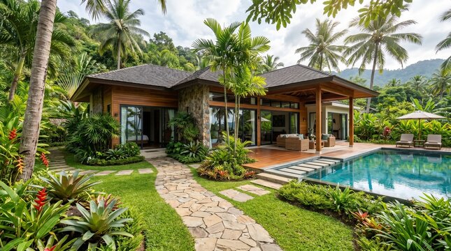 Luxury Tropical Villa Architecture with Private Swimming Pool and Lush Garden Exotic Landscape