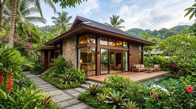 Luxurious Tropical Villa with Wooden Deck and Private Pool in Lush Green Garden