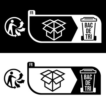 French FR Triman Bac de Tri Cardboard Box Sorting Label for Consumer Packaging Recycling Compliance in Monochrome Print Format
