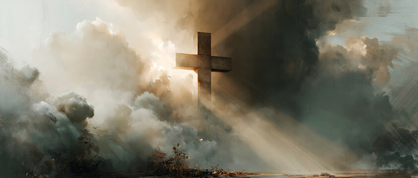 Heavenly Cross with Divine Light Breaking Through Storm Clouds &ndash; AI Generative
