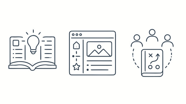 Knowledge base and internal wiki line icon set with open handbook, website article, shared playbook tablet and team users, editable stroke vector for documentation, learning and company guidance