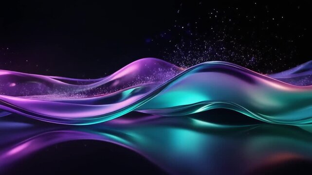 Ultra realistic liquid glass waves flow across a mirror black surface with violet, cyan and emerald illumination, creating a premium futuristic luxury background with elegant copy space.