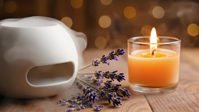 White ceramic aromatherapy diffuser releasing mist next to a lit scented candle in a glass jar and dried lavender flowers on a wooden table with warm bokeh background.