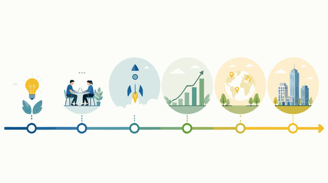 Horizontal company growth timeline infographic with milestone circles, idea, meeting, rocket launch, rising chart, global expansion and city skyline for business roadmap presentations