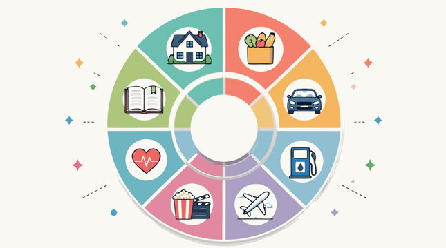 Personal spending distribution radial chart vector illustration with colorful budget segments for home, groceries, car, fuel, travel, entertainment, health and education expense planning
