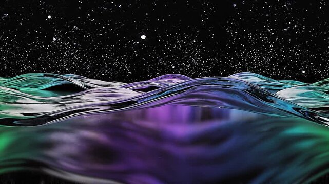 Ultra realistic liquid glass waves flow across a mirror black surface with violet, cyan and emerald illumination, creating a premium futuristic luxury background with elegant copy space.