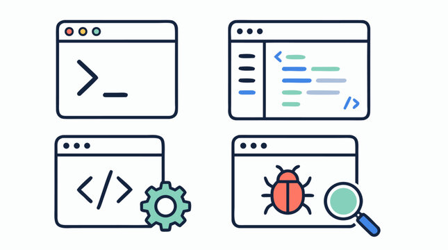 Clean developer tools line icon set with terminal window, code editor, compiler settings gear and debugger bug search symbols for software engineering apps, coding dashboards and vector UI kits