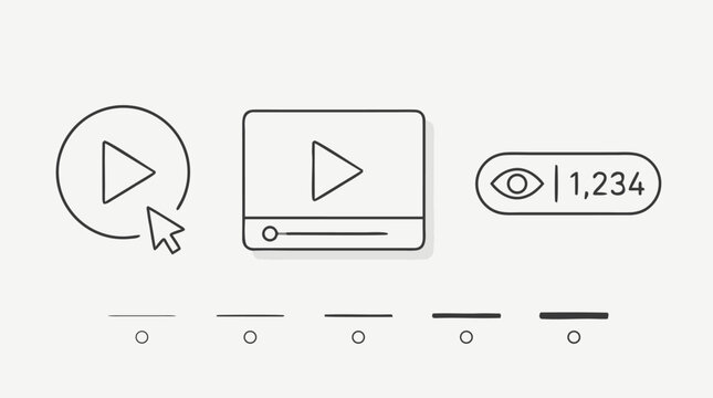 Video marketing thin line interface icon set featuring play buttons, media thumbnail frame, timeline slider, cursor click and view counter analytics in editable stroke vector style for online ads