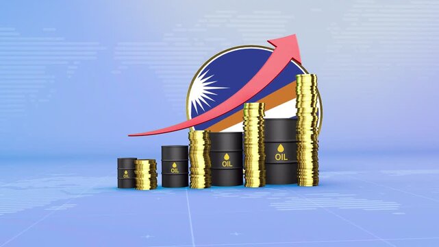 Marshall Islands Oil Prices Rising with Oil Barrels, Gold Coins and Upward Red Arrow, 3D Economic and Financial Market Concept