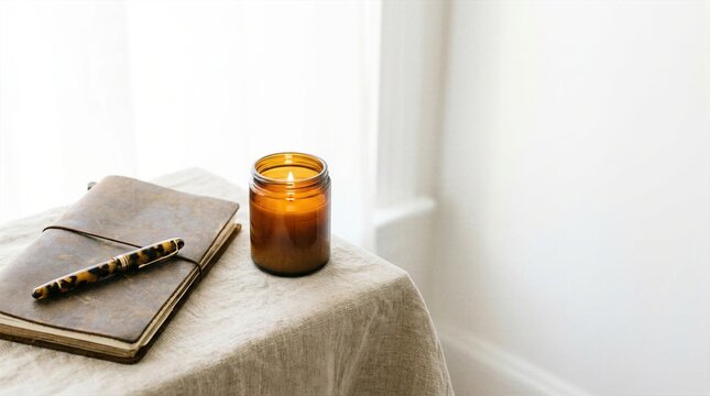 Amber candle, leather journal and pen on linen table by bright window.