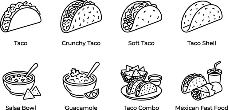 Taco icon collection featuring taco crunchy soft shell salsa guacamole combo and Mexican fast food line illustration