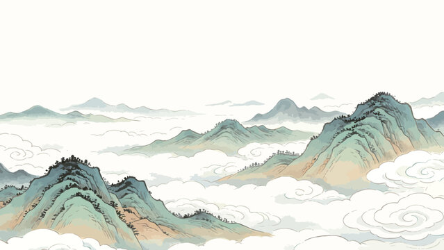 Serene Ink Wash Mountain Landscape with Ethereal Clouds and Verdant Peaks