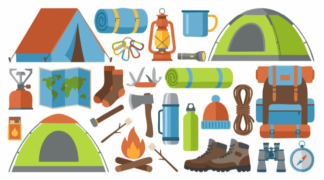 Flat lay set of camping, hiking, and outdoor adventure equipment