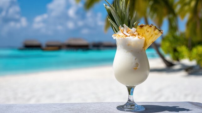 Creamy tropical coconut cocktail in a glass with a pineapple wedge on a white sandy beach with turquoise ocean