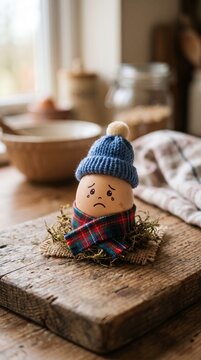 Sad Crying Brown Egg Character in Plaid Scarf and Blue Hat on Rustic Board