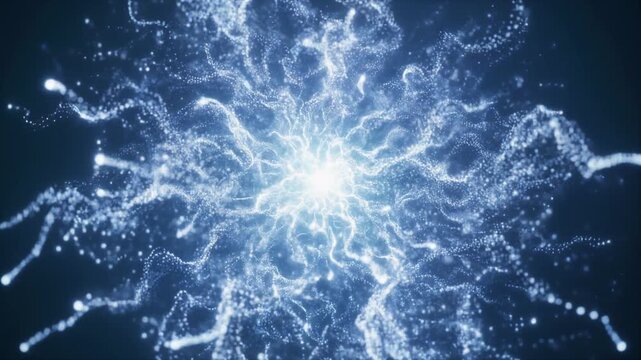 Abstract intelligent data bloom with luminous particles expanding into branching networks over soft blue gradients, creating a premium artificial intelligence technology background with elegant copy s