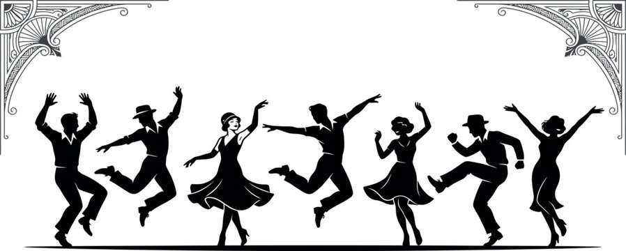 Vintage Swing Dance Silhouette Collection with Retro Dancers Performing Classic Jazz and Ballroom Dance in Elegant Vector Style