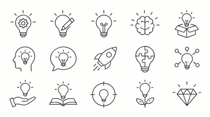 Obraz premium Innovation and creative ideas line icon set with lightbulbs, brain, rocket, puzzle, target, pencil and diamond symbols, editable stroke flat vector collection for startup strategy and brainstorming