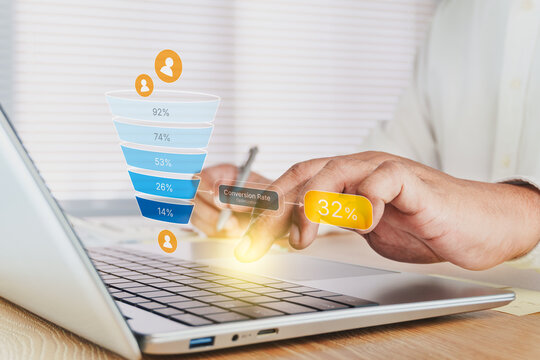 Business Professional Optimizing Sales Conversion Funnel on Laptop with Digital Marketing Analytics Dashboard, Customer Acquisition Journey, Lead Generation Performance, Conversion Rate Optimization