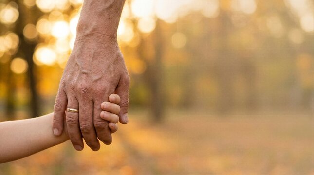 Adult and child holding hands in autumn park with warm sunset lighting and copy space.
