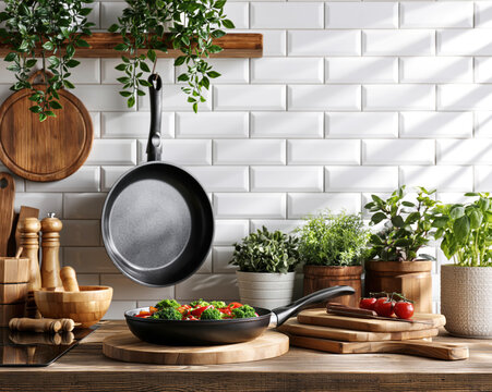 Modern Nonstick Frying Pan in Cozy Kitchen &ndash; AI Generative