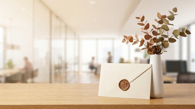 Corporate mail concept envelope with wax seal next to plant vase on modern office table