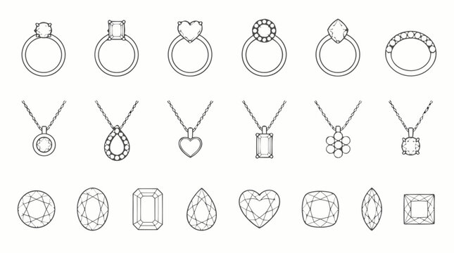 Elegant jewelry line icon collection with engagement rings, necklaces, pendants, gemstones and faceted diamond cuts on clean light background, editable luxury vector outline set for boutique branding