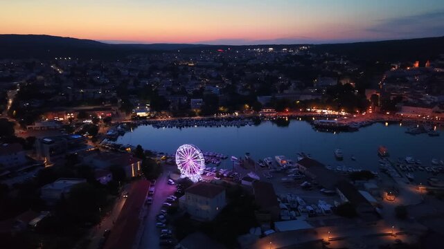 Krk in Croatia. Panoramic Aerial View of the Historic Old Town and Harbor at Sunset